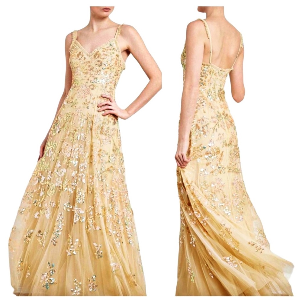 NEEDLE & THREAD Valentina Yellow Tulle Lace Sequin Ruffle Gown Maxi Dress 4